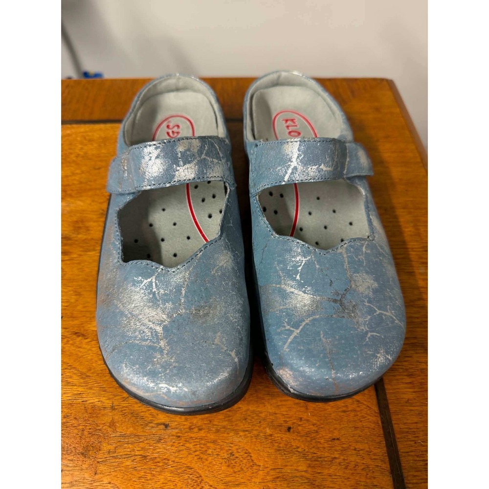 New Klogs Womens 7M Blue Clogs Mary Jane Metallic Crackle Leather Slip Resist